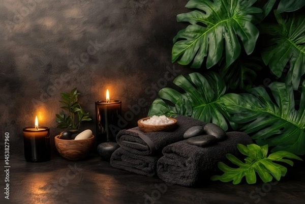 Fototapeta Luxurious spa scene with lit candles, dark towels, smooth stones, and lush tropical foliage creating a calming atmosphere