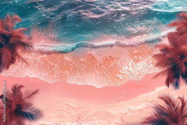 Fototapeta Stunning Aerial View of a Pink Beach Paradise with Palm Trees