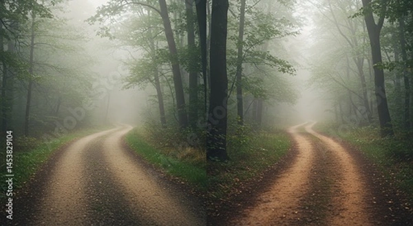 Fototapeta Misty Forest Path: A Fork in the Road
