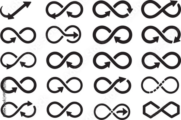Fototapeta Infinity loop icons with various arrow styles representing endless, repeat, or continuous flow