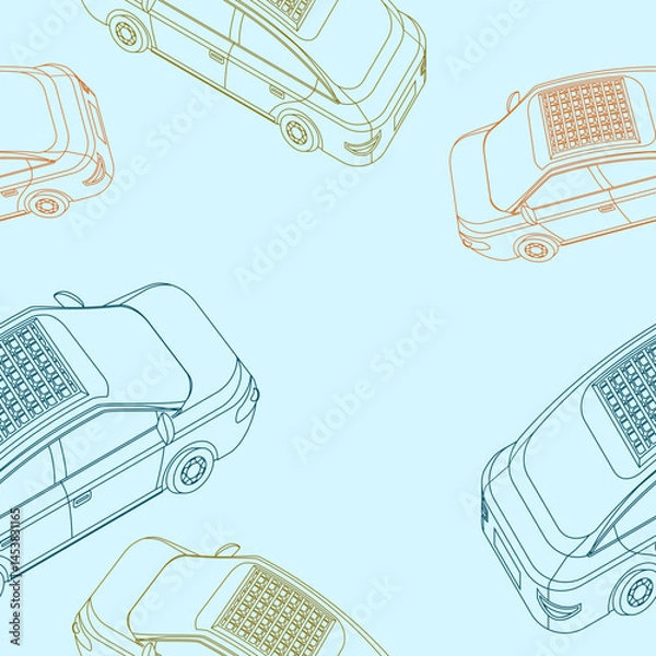 Fototapeta Editable Outline Top Oblique Back View Electric Cars With Solar Panel Vector Illustration Seamless Pattern for Background of Futuristic Eco-friendly Vehicle and Green Life or Renewable Energy Campaign
