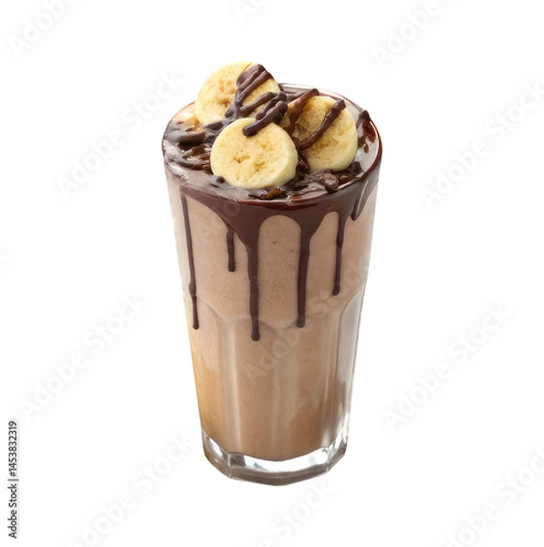 Fototapeta Chocolate banana milkshake smoothie with banana slices and chocolate sauce on a transparent background png drinks design