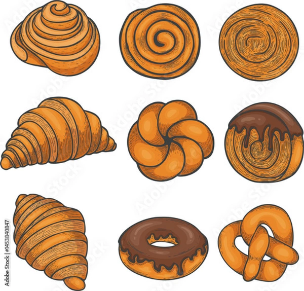 Fototapeta Hand-drawn set of delicious bakery pastries. Collection includes croissants, donuts, pretzels, swirls, and sweet buns with chocolate glaze. Isolated colorful illustrations with vintage sketch style