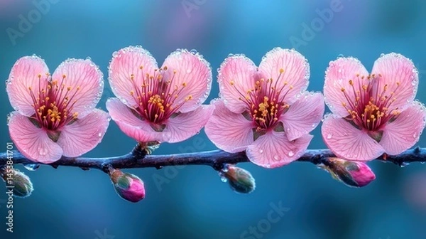 Fototapeta A branch of a tree with vibrant pink flowers blooming in a soft focus pastel background during spring season