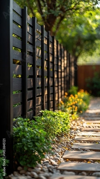 Obraz Stylish dark fence bordering a garden path.