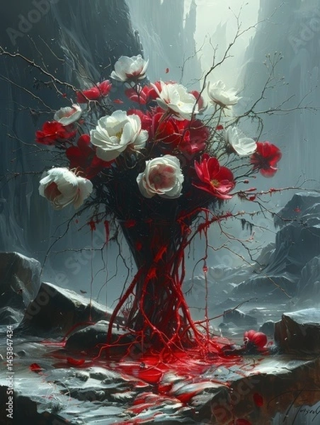 Obraz A dark, haunting bouquet of red and white roses sprouts from a twisted, root-like structure amidst a snowy, desolate landscape