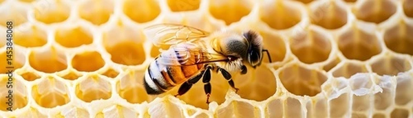 Fototapeta Honeycomb with bee in close-up view.