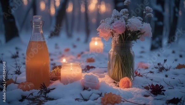 Fototapeta Winter wonderland picnic scene with candles flowers and juice in snowy forest scene