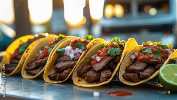 Fototapeta Delicious street tacos with beef, salsa, onion, and cilantro on a metal surface