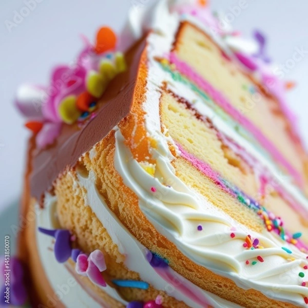 Fototapeta Delicious slice of layered birthday cake with frosting and sprinkles close up view