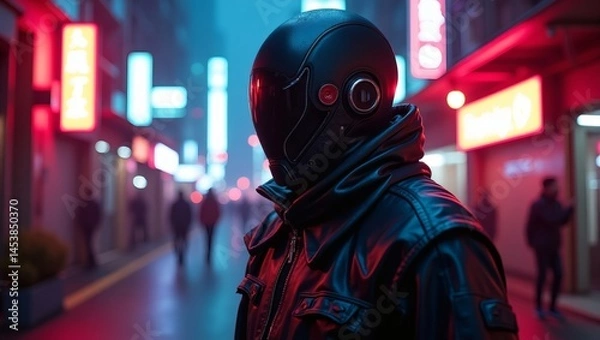 Fototapeta Futuristic cyberpunk street scene with mysterious figure in helmet and jacket art