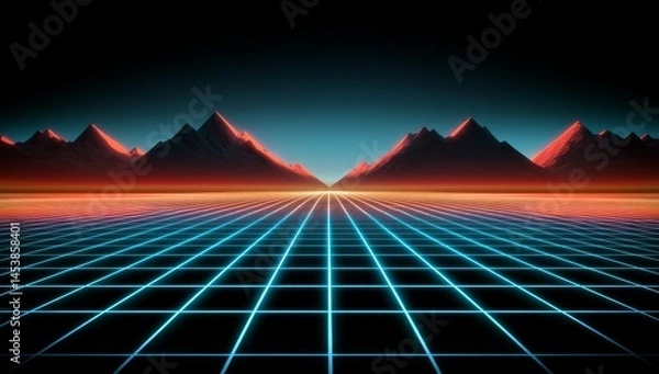 Fototapeta Vibrant neon grid with triangular shapes on black background, 80s retro-futuristic atmosphere for video games and