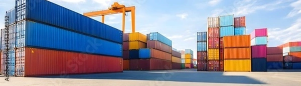 Fototapeta Colorful shipping containers stacked in a port yard.