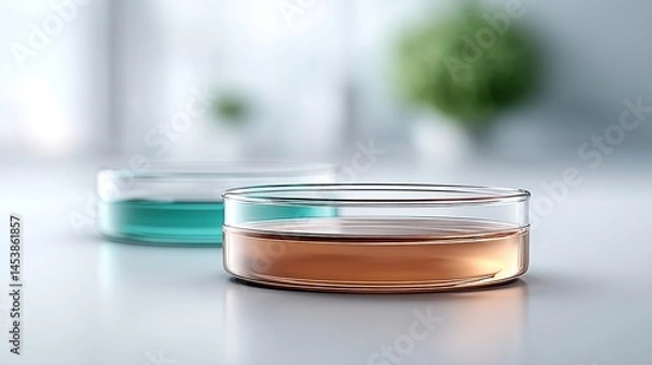 Fototapeta Science Research: Petri Dishes with Liquid Cultures for Laboratory Experiment and Medical Research