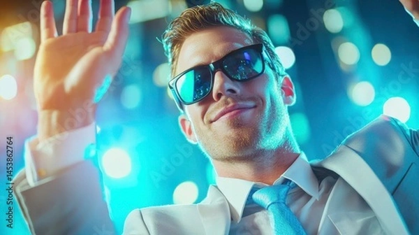 Fototapeta Stylish Man Waving Hello, Success, Party Invitation