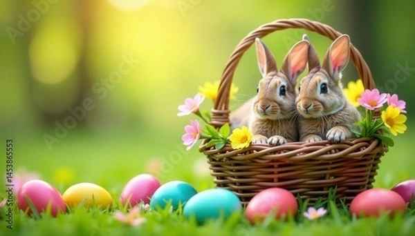 Fototapeta Two bunnies peek from Easter baskets overflowing with colorful eggs and spring flowers , holiday, spring, sweet