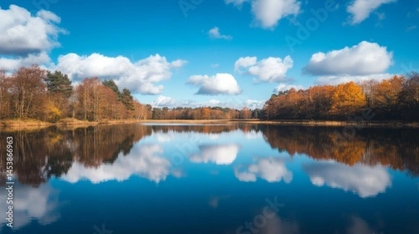 Fototapeta A stunning reflection of autumn colors in a tranquil lake. The vibrant trees and clear blue sky create a picturesque outdoor scene. Perfect for nature lovers. Generative AI