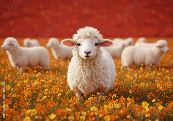 Fototapeta Curious farm animals in a vibrant wildflower field, showcasing a serene pastoral setting with a warm sunset glow for rural Imagery Eid al-Adha