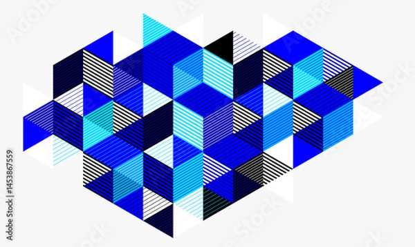Obraz Blue vector abstract geometric background with cubes and different rhythmic shapes, isometric 3D abstraction art displaying city buildings forms look like, op art.