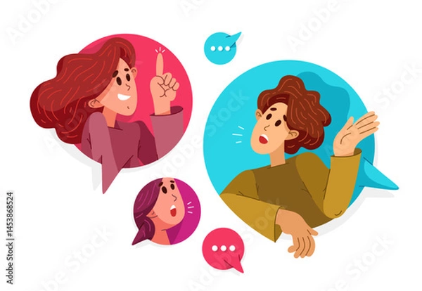 Obraz Team of young people having a discussion or brainstorm online, vector illustration of internet seminar webinar with a coach, or leader with team of employees having work communication.