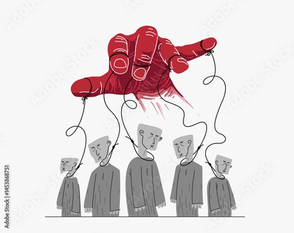 Obraz Hand of a toxic manipulator controls his victims, social zombies concept, social manipulations dictatorship and control, cultural code, vector illustration of psychological manipulation.