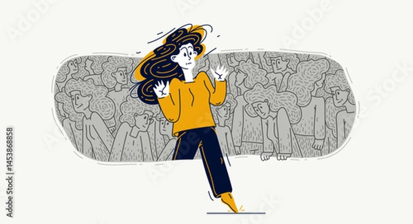 Obraz A person takes a step out of a comfort zone of social relations, vector illustration of marginality or personal development.