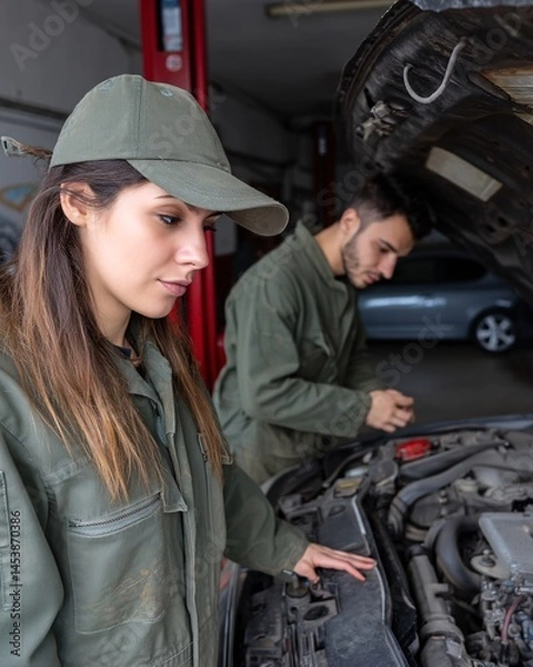 Fototapeta Mechanics Working on a Car in an Automotive Workshop with Focus and Attention to Detail