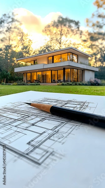 Fototapeta Architectural blueprints of a modern house with a lush garden setting