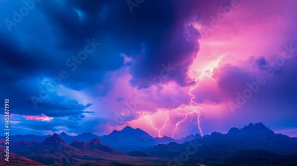 Obraz Electric Storm: A Dramatic Landscape with Lightning over Mountain Peaks, Emphasizing Nature's Power and Atmospheric Intensity
