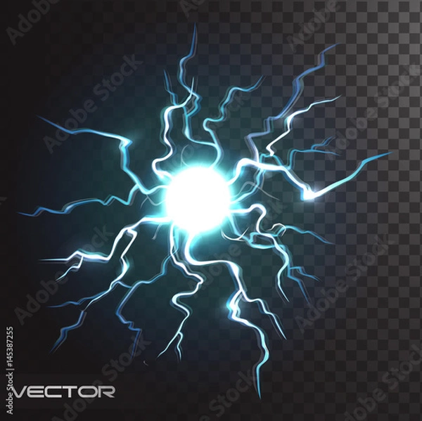 Fototapeta Isolated realistic lightning bolt with transparency for design. Flash thunderstorm and thunderbolt realistic effect. Magic and bright lighting natural effects with transparency vector illustration
