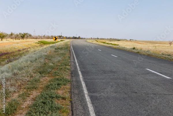 Fototapeta Curved asphalt road A 28 in Akzhaik District West Kazakhstan Region with surrounding landscape