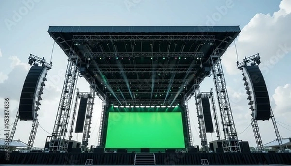 Fototapeta An empty concert stage stands ready, illuminated by powerful lighting that creates a sense