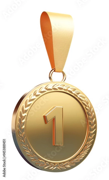 Fototapeta 3D Golden Winner Medal Icon with number 1 on it  Isolated on Transparent Background
