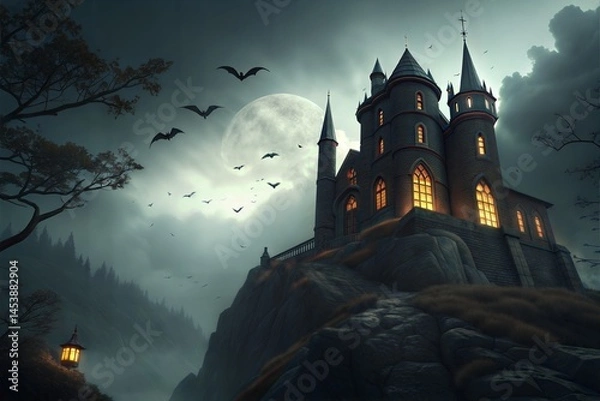 Fototapeta Mystic Gothic Castle on Foggy Hilltop with Bats and Full Moon – Haunted Night Fantasy Scene