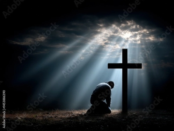 Fototapeta Man kneeling near cross under beams of light at dusk