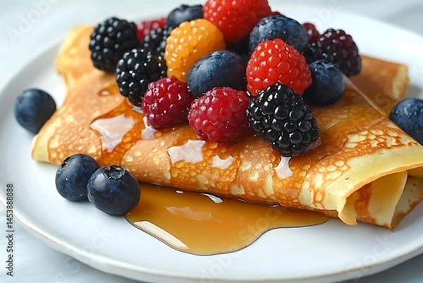 Obraz A sweet and indulgent brunch appearance featuring freshly made crepes topped with vibrant berries and syrup, captured on a white plate against a marble backdrop.