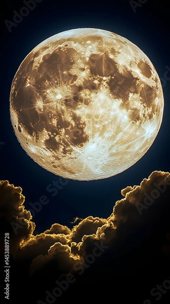 Fototapeta A giant golden moon hangs low in the night sky partially obscured by dramatic dark clouds illuminated by its glow  T