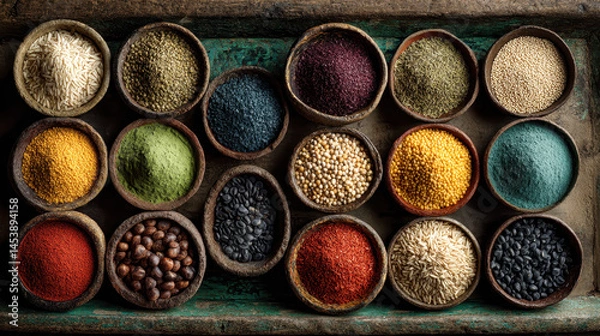 Fototapeta Top View Flat Lay of Healthy Foods, Superfoods, Fruits, Vegetables, Grains, and Nuts on Natural Backgrounds — Ideal for Nutrition, Recipes, and Wellness Projects