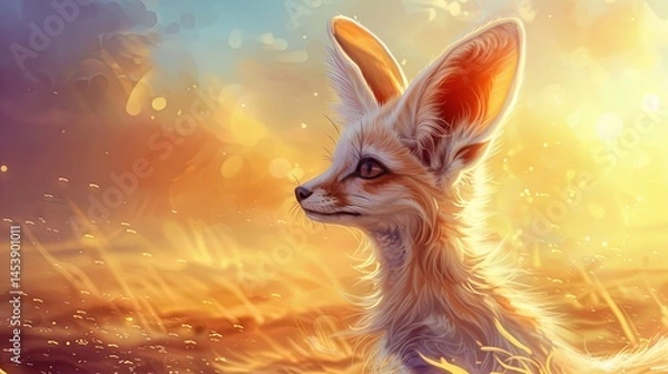 Fototapeta Watercolor illustration. Profile portrait of a fennec fox (Vulpes zerda) on a bright abstract background with bokeh.