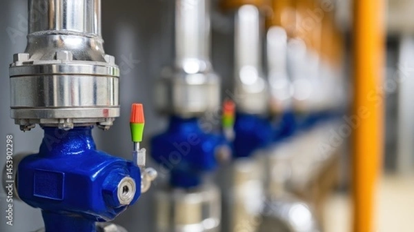 Fototapeta Close-up of industrial valves in a factory setting, showcasing precision engineering and functionality