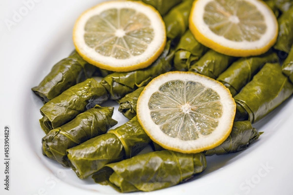 Fototapeta Close-up of tightly rolled, glossy dark green yaprak sarma, a traditional Turkish dish, arranged on a white dish.