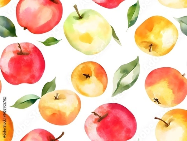 Fototapeta Watercolor Apple Pattern Design, Hand Painted Apple Illustration, Apple Seamless Pattern, Apple Watercolor Art Design, Red Apple Pattern for Fabric and Wallpaper