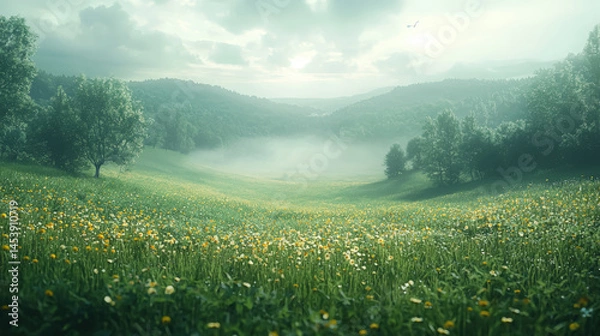 Fototapeta Soft Focus Dreamy Landscape Background Ultra Real rendering of rolling meadows dissolving into pastel lavender and cream under a soft-focus veil of dawn�s gentle radiance, evoking peaceful reflection 