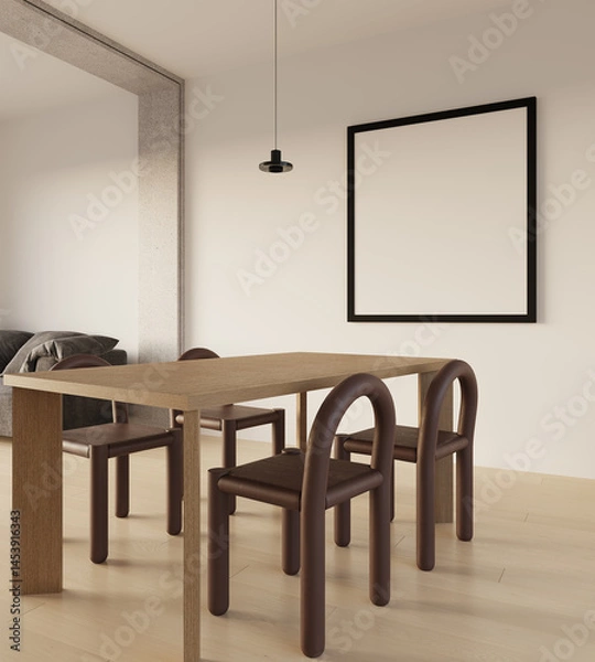 Fototapeta Minimal modern room dining area connect with grey sofa in living area with wood table red brown chair and minimal pendant lamp in front of empty frame in sunny mood with 3d render illustrator.