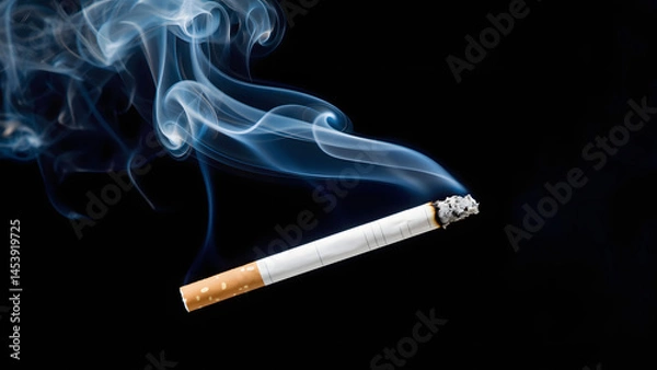 Fototapeta Smoking cigarette with white smoke, an unhealthy habit and narcotic object isolated on a black background, represents addiction and the danger of cancer and death
