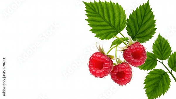 Fototapeta Ripe red raspberries, a sweet and healthy fruit, are isolated in a closeup on a white background, showcasing their freshness	