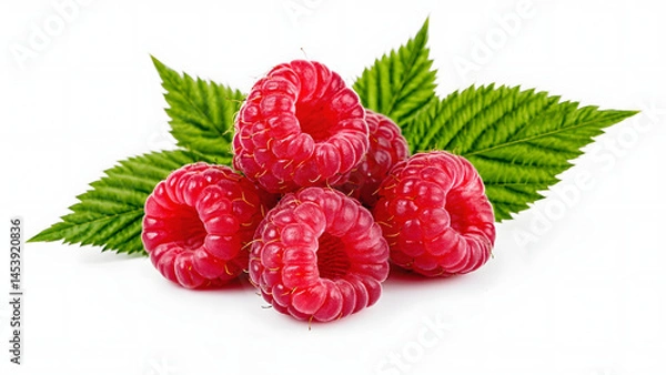Fototapeta Ripe red raspberries, a sweet and healthy fruit, are isolated in a closeup on a white background, showcasing their freshness