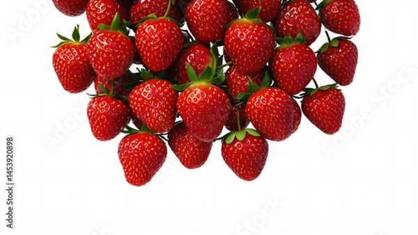 Fototapeta Fresh red ripe strawberries, a sweet and healthy fruit, are isolated in a juicy closeup on a white background, showcasing their freshness