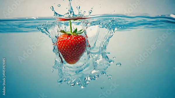 Fototapeta Fresh red strawberry, a healthy fruit, makes a sweet splash as it is dropped into clear water, creating bubbles and a feeling of freshness