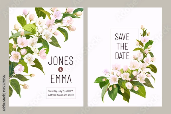 Fototapeta Wedding invitation card. Frame with text and flowers. White Apple on the white Background.
